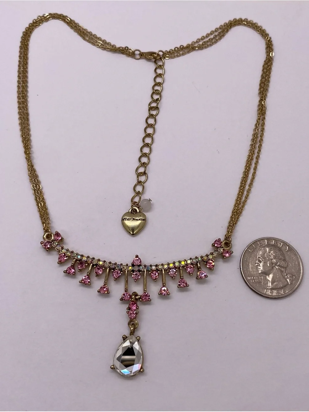 Betsy Johnson Gold-Tone Necklace with Pink Crystals and Teardrop Pendant